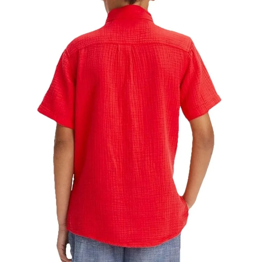 Cat & Jack Boys Small 6/7‎ Red Gauze Muslin Button Down Shirt NWT 100% Cotton